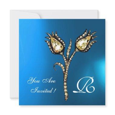 DIAMOND TULIPS MONOGRAM , Blue Sapphire Invitations