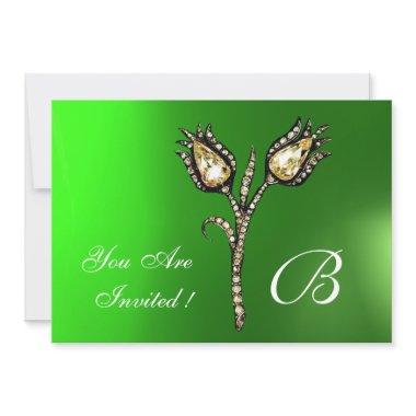 DIAMOND TULIPS MONOGRAM ,Green Emerald Invitations