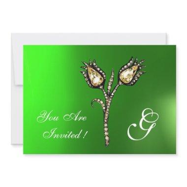 DIAMOND TULIPS MONOGRAM ,Green Emerald Invitations