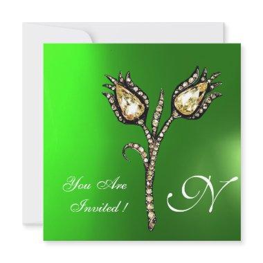 DIAMOND TULIPS MONOGRAM ,Green Emerald Invitations