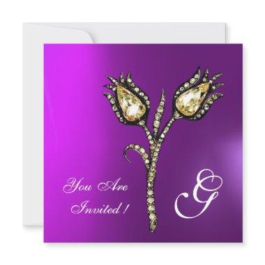 DIAMOND TULIPS MONOGRAM , Purple Violet Invitations