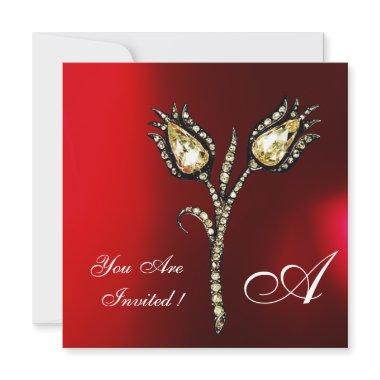 DIAMOND TULIPS MONOGRAM ,Red Burgundy White Invitations