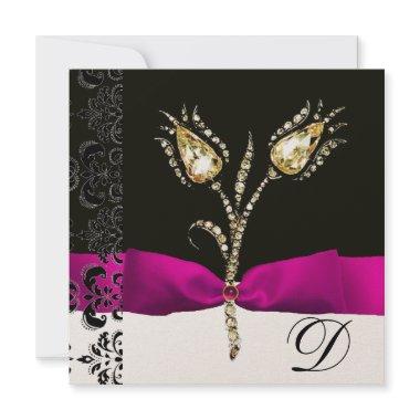 DIAMOND TULIPS ,Pink Black White Damask Monogram Announcement