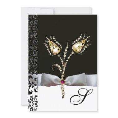 DIAMOND TULIPS ,Pink Black White Damask Monogram Invitations