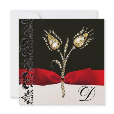 DIAMOND TULIPS , Red Black White Damask Monogram Announcement