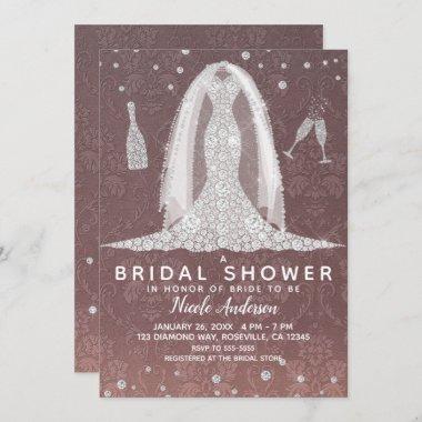 Diamond Wedding Dress Dusty Rose Bridal Shower Invitations