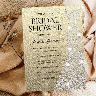 Diamond Wedding Dress Gold Glitter Bridal Shower Invitations
