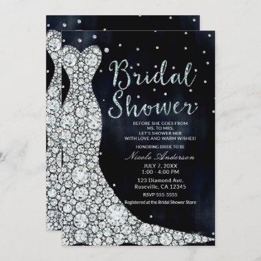 Diamond Wedding Dress Modern Blue Bridal Shower Invitations