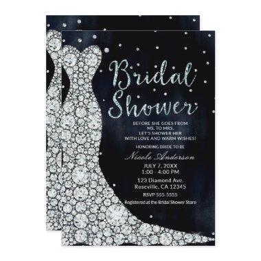 Diamond Wedding Dress Modern Blue Bridal Shower Invitations