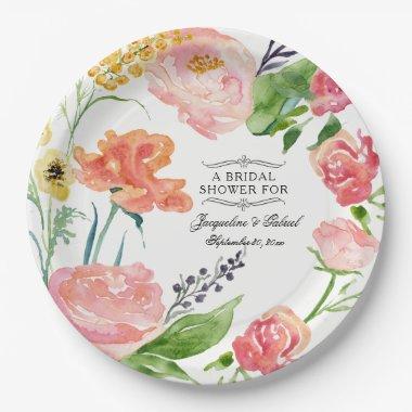 Dinner Bridal Shower Modern Watercolor Floral Rose Paper Plates