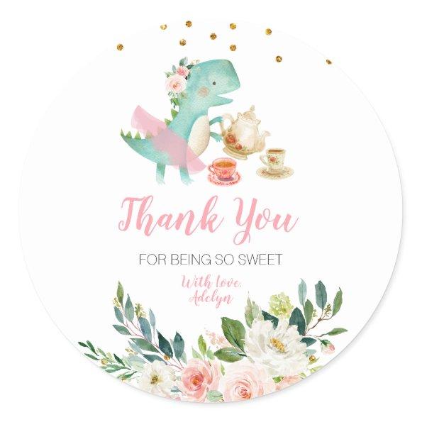 Dino Tea Party Floral Thank You for being here Classic Round Sticker