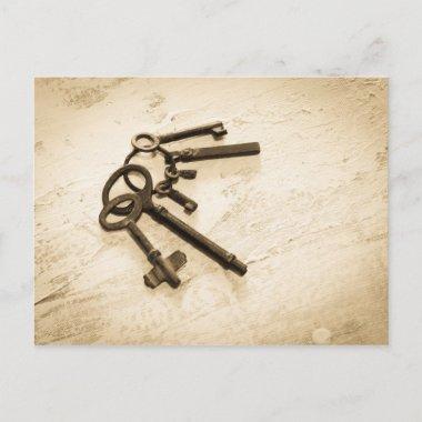 Distressed Antique Skeleton Keys on Key Ring PostInvitations