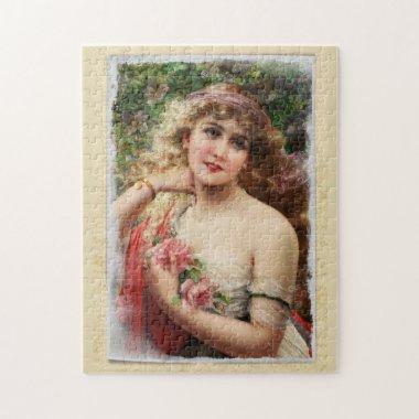 Distressed Victorian Woman with Pink Roses Jigsaw Puzzle