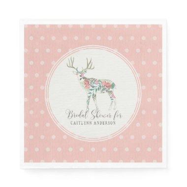 Dot Pattern Boho Floral Deer w Antlers Pink Roses Napkins