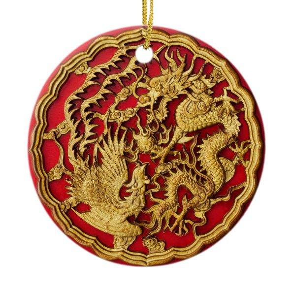 Dragon Phoenix Red Gold Chinese Wedding Ceramic Ornament