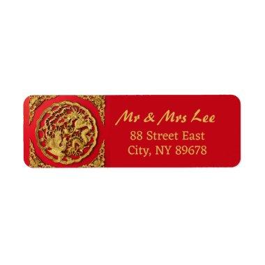 Dragon Phoenix Red Gold Chinese Wedding Couple Label
