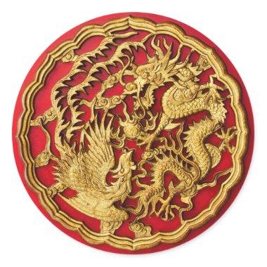 Dragon Phoenix Red Gold Chinese Wedding Favor Classic Round Sticker