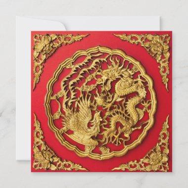 Dragon Phoenix Red Gold Chinese Wedding Invitations