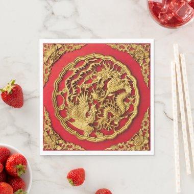 Dragon Phoenix Red Gold Chinese Wedding Napkins