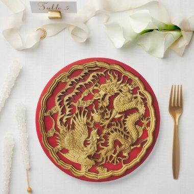 Dragon Phoenix Red Gold Chinese Wedding Paper Plates