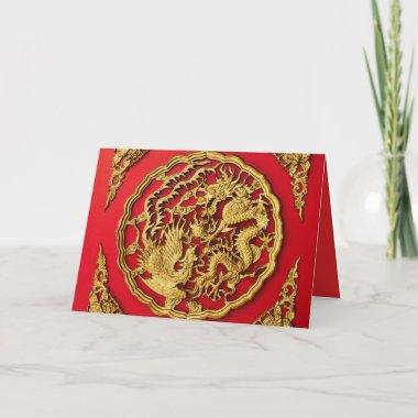Dragon Phoenix Red Gold Chinese Wedding Thank You Note Invitations
