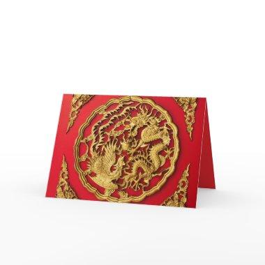 Dragon Phoenix Red Gold Chinese Wedding Thank You Note Invitations