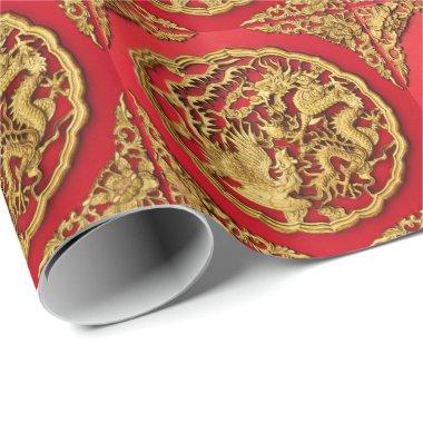 Dragon Phoenix Red Gold Chinese Wedding Wrapping Paper