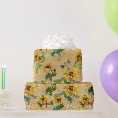 Dragonflies and Sunflowers Yellow Green Tan Wrapping Paper