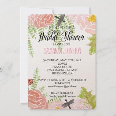 Dragonflies Roses Watercolor Garden bridal shower Invitations