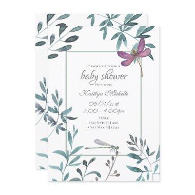 Dragonfly Garden Greenery on White Baby Shower Invitations