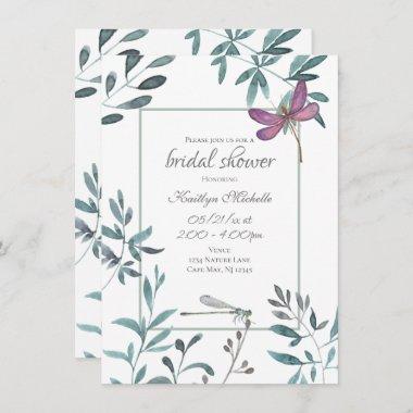 Dragonfly Garden Greenery on White Bridal Shower Invitations