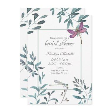 Dragonfly Garden Greenery on White Bridal Shower Invitations