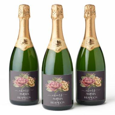 Dramatic Floral Wedding Sparkling Wine Label