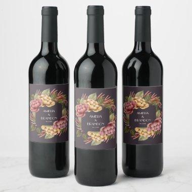 Dramatic Floral Wedding Wine Label