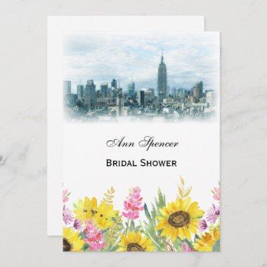 Dreamy Teal NYC Skyline Sunflower Bridal Shower V Invitations