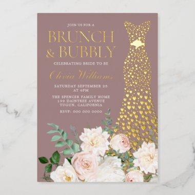 Dress & Flowers Brunch & Bubbly Bridal Shower Gold Foil Invitations