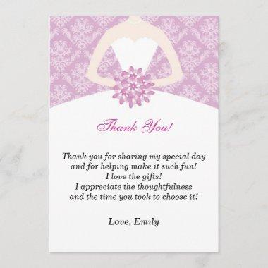 Dress Thank You Invitations Bridal Shower Lilac Damask