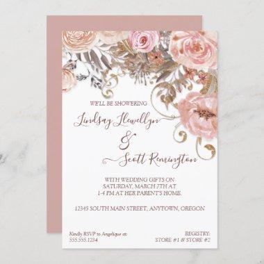 Dried Floral Boho Blush Rose Gold Bridal Shower Invitations