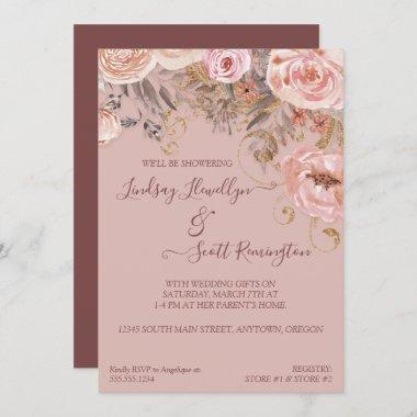 Dried Floral Boho Burgundy Rose Gold Bridal Shower Invitations