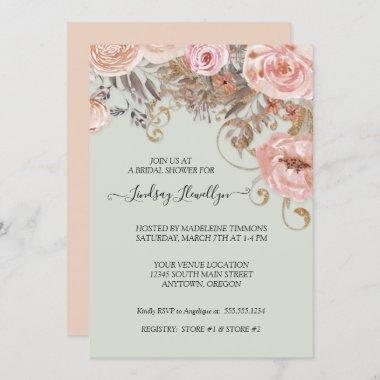 Dried Floral Boho Peach Rose Gold Bridal Shower Invitations