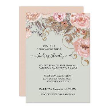 Dried Floral Boho Peach Rose Gold Bridal Shower Invitations