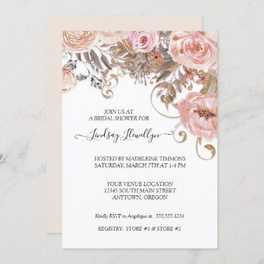 Dried Floral Boho Peach Rose Gold Bridal Shower Invitations