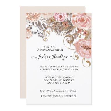 Dried Floral Boho Peach Rose Gold Bridal Shower Invitations