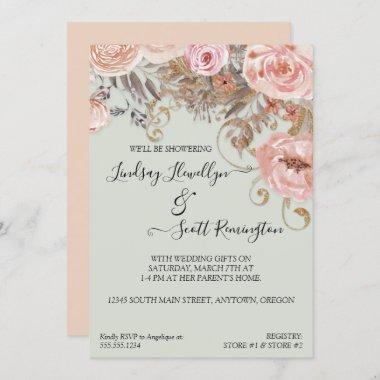 Dried Floral Boho Peach Rose Gold Couples Shower Invitations