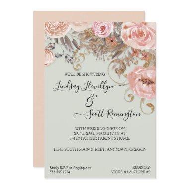 Dried Floral Boho Peach Rose Gold Couples Shower Invitations