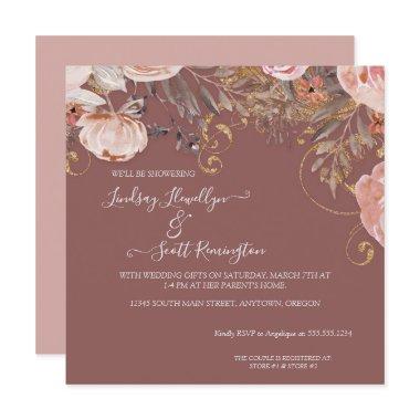 Dried Flower Foliage Rose Gold Boho Couples Shower Invitations