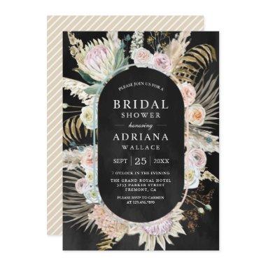 Dried Palm Boho Pampas Floral Black Bridal Shower Invitations