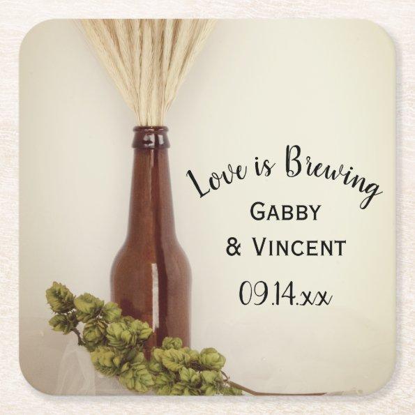 Dried Wheat and Hops Brewery Wedding Square Paper Coaster