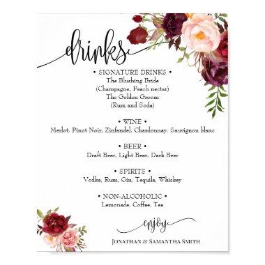 Drinks menu sign wedding marsala floral boho chic