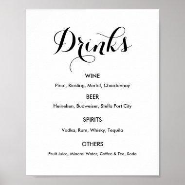 Drinks Menu Wedding Black White Poster